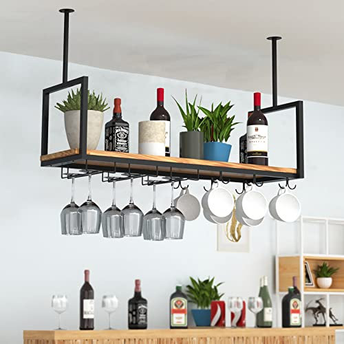 YTLEMON Deckenregal Hängend Weinregal, Metall Weinregal mit Gläserhalter und Regal, Schwarz Hängender Weinflaschenhalter, Industrie Schwebendes Hängeregal küche, Weinkeller, Bar (A, 100×30×60cm)