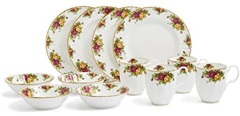 Royal Albert Tableware Set, Made with Fine Bone China, Old Country Rose Breakfast Set, Floral Patterns and Gold Details, 12pcs