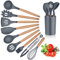 Herogo Juego de utensilios de cocina con soporte, 10 utensilios de cocina de silicona con mango de madera, resistente al calor y antiadherente, juego de utensilios de cocina - Gris