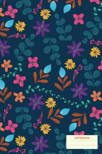 Colorful Floral Pattern Notepad, Cute Purple/Buds Flowers with Leaves on Blue Cover, Notebook for students, school, journey, diary and office, Office ... pages striped notebook: Mini Flower Notebook