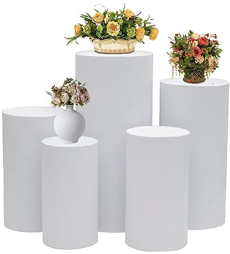 UVCMDUI 5 x Runde Zylinder-Standfuß-Ständer, Dekosäule Runder Zylinder-Sockel, Blumensäule Weiß Gold Rosa Sockel Säulen für DIY, Hochzeit, Party, Stapelbare Lagerung, Starke Stabilität,Weiß