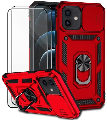 Dechyi Coque pour iPhone 12/12 Pro Housse avec Verre TrempéLentille Coulissante Couverture Support d’Anneau Rotatif Armor Silicone Étui Antichoc Bumper- Rouge