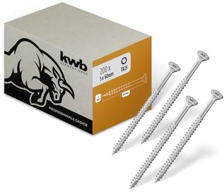 kwb Holzschraube 5x60 mm, TX25, 200 Stück, Holzschrauben TORX, Spanplattenschrauben, Schrauben für Holz, Teilgewinde, Cr3-Beschichtung, Typ-17-Bohrspitze