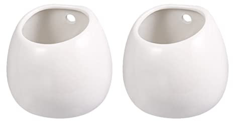 Kisangel 2Pcs White Ceramic Wall Hanging Flower Pots, Succulent Plant Planters with Drainage for Indoor Home Decor, Plant Hangers for Room, Office, and Garden