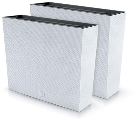 Juego de 2 macetas rectangulares para flores y plantas, de plástico, 58 x 18 x 49,8 cm, para interior y exterior, color blanco, volumen 44 litros, diseño moderno