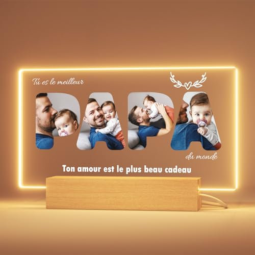 Greatminer Cadeau Personnalisé Photographies Papa - Cadeau Fete des Peres, Cadeau Anniversaire Papa, Base Lumineuse en Option