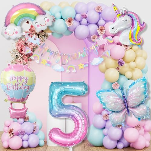 Einhorn Geburtstagsdeko für Mädchen - Schmetterling Deko für 5. Geburtstag, Happy Birthday Deko für 1-10 Jahre, Luftballons für Einhorn Kindergeburtstag
