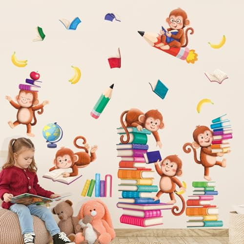 DECOWALL SG2-2402 Lesen Bücher Affe Wandtattoo Kinderzimmer Affen Wandaufkleber Tiere Wandsticker für Kinder Babyzimmer Schlafzimmer Wohnzimmer Klassenzimmer Bibliothek Spielzimmer Wanddeko