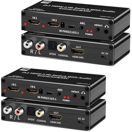 2PCS Digital-zu-Analog-Audiokonverter, HDMI 2.0 Audio-Extraktor mit Unterstützung 4K 120Hz YUV 4:4:4 HDR HDMI-Audiokonverter-Adapter, 4K HDMI zu optischem automatischem Einschalten