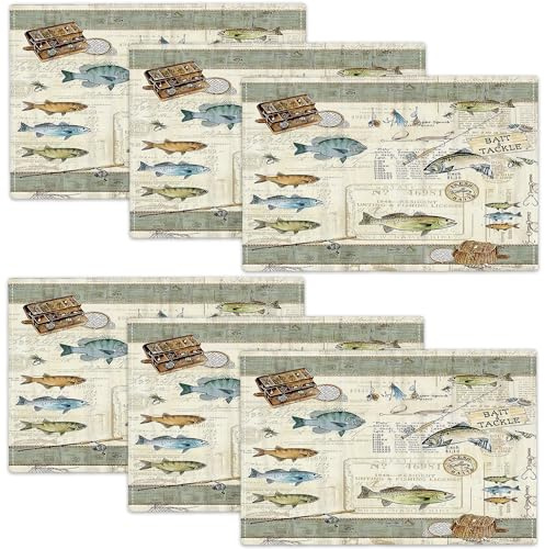 Tischset mit Fischen, 6 Stück, Tischmatten für Küche, Esstisch, Küchendekoration, Leinen, 30,5 x 45,7 cm