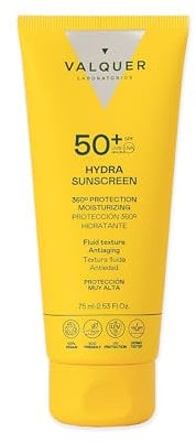 Valquer Protector Solar Crema Facial SPF 50 Hydra Sunscreen, Hidratante y Antiedad. Protección 360 Contra Rayos UVA y UVB Para Todo Tipo de Piel. Con Ácido Hialurónico y Textura Sedosa. Vegano. 75 ml.