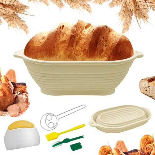 xyuayamz Banneton pour Pain Ovale Silicone, Panier à Pain Pliable, Panier de Fermentation Pain avec coupe-pâte, Brosse en Silicone, Fouet, Lame, Facile à Nettoyer et à Ranger(29cm, 5 Pièces, Beige)