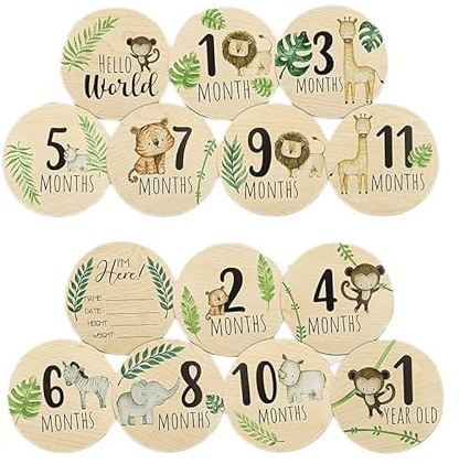 7pcs Baby Monthly Milestone Cards Sign, Wooden Newborn Welcome Sign Round Newborn Photography Prop Double Sided Baby Announcement Sign for Photo Prop Baby Shower