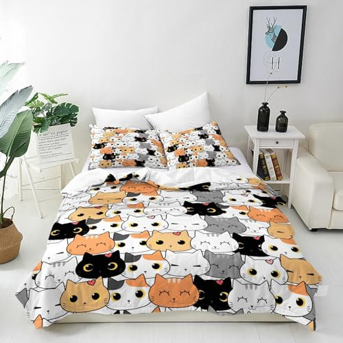 ANHOPE Tier Katze Kätzchen Kopf Bettwäsche Set 3 Teilig Bettbezug 155x220 cm + 2 Kissenbezug 80x80 cm Weich Microfaser Bettbezüge Set mit Reißverschluss Bettdeckenbezug für Kinder Jungen Mädchen