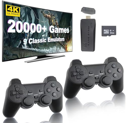Console de Jeu rétro sans Fil avec clés de Jeu vidéo Plug and Play, HD Classic Game Stick 64G 9 émulateurs intégrés et 20000+ Jeux et Double contrôleur sans Fil 2.4G.4K Sortie HDMI TV Nostalgie Gami
