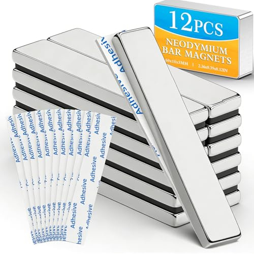 Grtard 12Pack Strong Neodymium Bar Magnets with Double-Sided Adhesive | Powerful Heavy Duty Rare Earth Magnet, Magnetic Strip for Fridge, Garage, Kitchen, Science, Craft, Office, DIY - 60x10x3mm