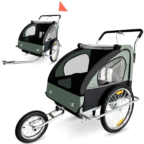SAMAX Fahrradanhänger Jogger 2in1 Kinderanhänger Kinderfahrradanhänger Transportwagen vollgefederte Hinterachse für 2 Kinder in Dunkelgrün/Schwarz - Silver Frame