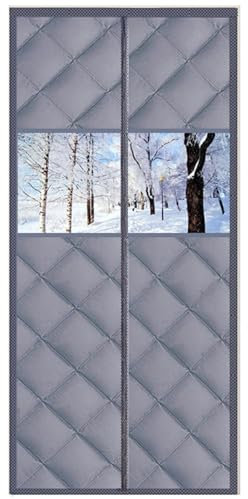 Magnetic Thermal Insulated Door Curtain - Fits 85X190/90X200/100X210cm Door Windproof Waterproof Winter Door Cover with Window - Thicken Oxford Auto Closure Insulation Door Curtain(Grey,85x190cm)
