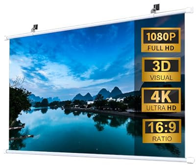 XOBRJQZ Projector Screen, Manual Pull Down 4K HD 3D Projector Screen, 16:9 Portable Projection Screen Home Theater, Projector Screen for Home Theater Cinema Office Movie TV Game(120 inch)