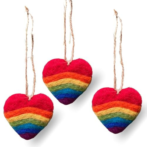 Handmade Sustainable Felt Christmas Tree Decorations - Nordic & Rainbow Baubles, Balls & Hearts for Indoor Use (Heart Rainbow)