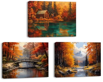 Piy Painting Peinture Sur Toile Du Paysage d'Automne, Art Mural Sur Toile Du Village, Peinture Murale Sur l'Érable, Impressions Sur Toile Pour Salon Bureau Entrée Café, 3 Panneaux 30x40cm (90x40 cm)