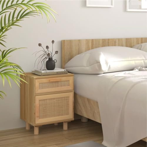 Myheimly Nachttisch Nachttische Nachtschrank Nachtkonsole Telefontisch Braun Massivholz Kiefer und Natur-Rattan