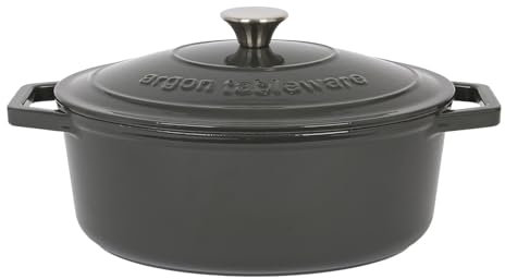 Argon Tableware 4.68L Oval Cast Iron Casserole Dish with Self-Basting Lid - Slate Grey - 1x Induction Hob Cooking 4.84QT Dutch Oven Bread Baking Serving Roasting Stew Stock Pot Cookware Pan