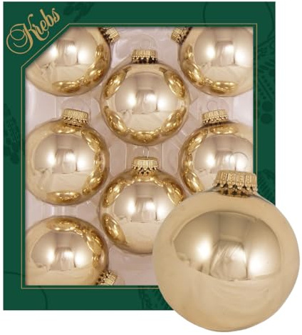 Krebs Glas Lauscha - Weihnachtsdekoration/Christbaumschmuck aus Glas - Unifarbende Kugeln - Menge: 8 Stück - Farbe: Hellgold glänzend - Größe: ca. 7 cm