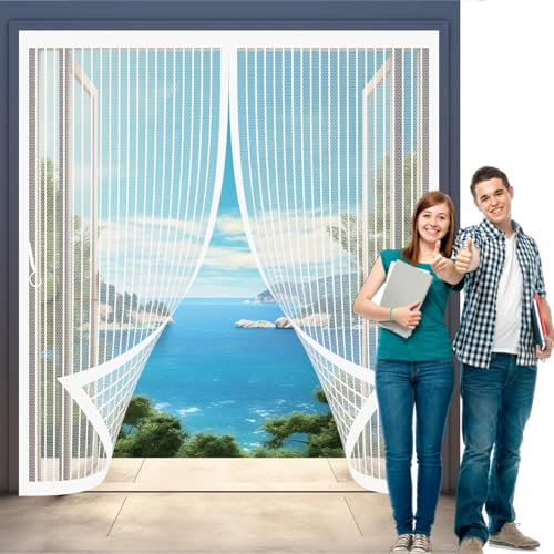 Fliegengitter Balkontür Magnet 94x140cm(W x H) Anpassbar, Lichtdurchlässig, Einfache Montage, Selbstschließend, Fliegengitter Dachfenster für Schlafzimmertür, Fenstertür, Weiß