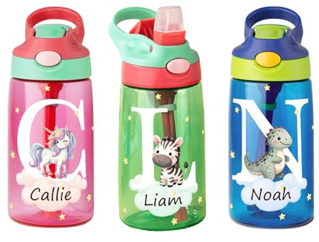 Personalised Forest Animal Water Bottle for Kids, Leak Proof Silicone Straw, Gifts for Boys Girls, 475ml