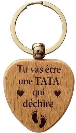 Porte-Clés Cœur en Bois Gravé et Personnalisé – Cadeau Future Maman, Tata, Marraine, Mamie