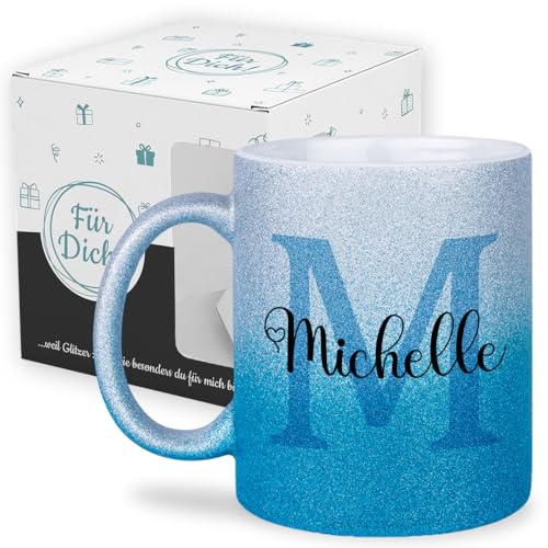 glitzertassen.de® | Namenstasse mit Buchstabe | Tasse mit Namen | Personalisiert | Kaffeebecher | Geschenkidee für Frauen & Mädchen, Kinder, Glitzertasse (Silberblau mit Geschenkkarton Glitzer)