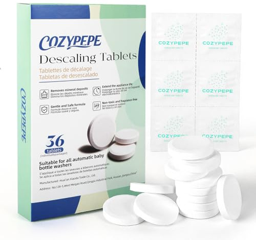 Tabletas de Decalcificación para Lavabiberones, 36 Unidades – Apta para la Mayoría de Modelos de Lavabiberones – Efectivas para Eliminar Depósitos de Leche & Caliza, Funcionan con Lavadora, Calentador