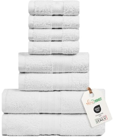nice homeit Set Asciugamani Medie, in Cotone 100%, 8 Pezzi Asciugamani. Extra Morbido Assorbente. 2 Asciugamani + 2 Asciugamani Ospite + 4 Lavette Bianco