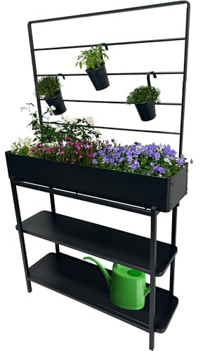 dobar® Metall-Hochbeet mit Rankgitter und 3 Hängetöpfen – Pflanzregal aus pulverbeschichtetem Stahl mit 2 Ablagen – Pflanzkasten für Balkon, Terrasse und Garten – 94 x 30 x 155 cm - Anthrazit