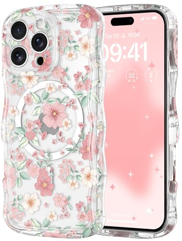RALEAVO Case for iPhone 16 Pro Max, Magnetic Wavy Floral Cute Cover, Pink | For iPhone 16 Pro Max Compatible with Magsafe Phone Case, Flower Curly Aesthetic for Girls Women Shockproof Acrylic Cover