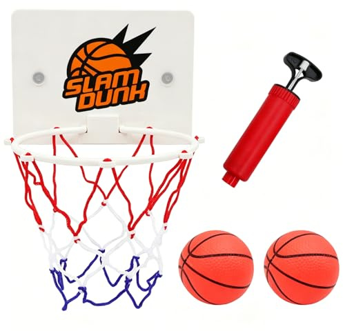 BIVYAX 4 Piezas Mini Canasta Baloncesto Habitacion, 1 Mini Canasta Baloncesto Infantil, 2 Baloncesto, Canastas Habitacion con Ventosa y 1 Bomba Aire, para Habitación baño, Regalo para Niños Adultos