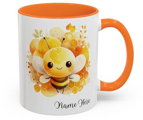 Personalised Bee Mug with Name, Cute Honey Bee Design Custom Mug, Gift for Her, Birthday Gift, Girlfriend, Wife, Bumblebee Lovers, 11oz Ceramic Coffee Cup (Orange 11oz, Mug)