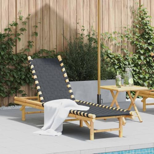 HFMDRMU Lettino prendisole in bambù con schienale regolabile, 55 x 200 x 30 cm, cinghia intrecciata nera, fibre di polipropilene, traspirante e facile da pulire, per piscina, terrazza e giardino