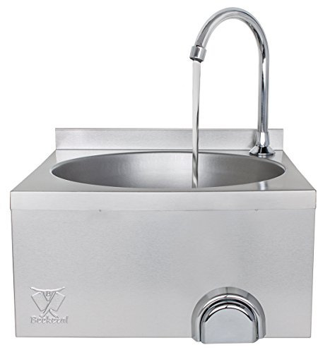 Beeketal 'HWB-III' Knie-Kontakt Handwaschbecken aus Edelstahl mit Spritzschutz Aufkantung, Waschbecken zur Wandmontage mit Wasserhahn Mischbatterie, Siphon und Abwasserschlauch, inkl. Wandhalterungen