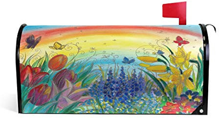 Wamika Bunte Blumen Regenbogen-Magnet-Briefkasten-Abdeckung, Briefkasten, Tulpen, Narzissen, Traube, Hyazinthe Briefkasten, Briefkasten, Garten, Hof, Heimdekoration für draußen, Standardgröße