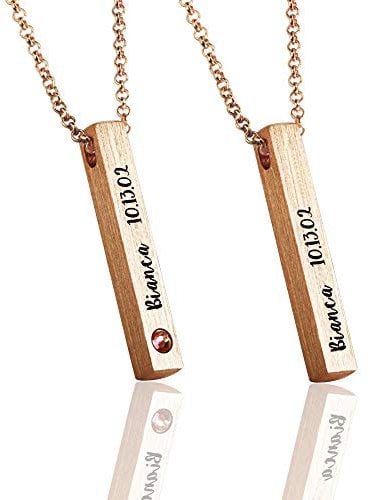 Grancey 3D Bar Necklace Personalised with Birthstone and 4 Names in 925 Sterling Silver Rose Gold Plating—Engraved Vertical Bar Necklace for Women Mother Girl