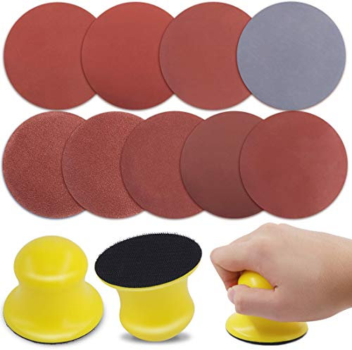 Glarks 92Pcs 3 Inch Hook and Loop Hand Sanding Block Round Sanding Pad Hook Backing Plate with 90Pcs 8 Hole Hook and Loop Sanding Disc Set for Craft, Woodworking, Furniture Repairing (3 Inch)