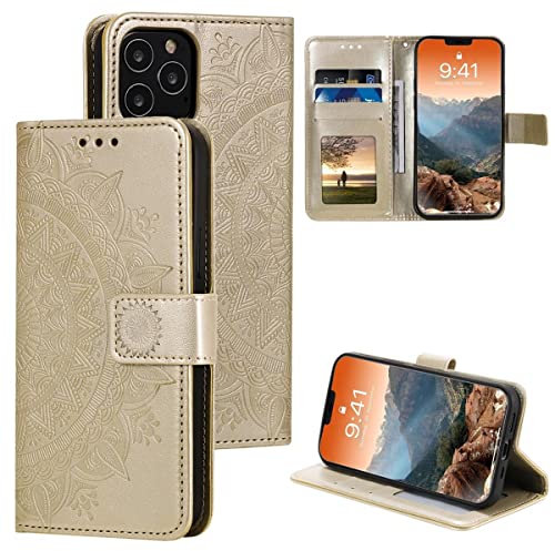 CoverKingz Handyhülle kompatibel mit iPhone 12 / iPhone 12 Pro [6,1 Zoll] - Handytasche mit Kartenfach Cover - Handy Hülle klappbar Motiv Mandala Gold