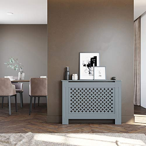 ELEGANT Radiator Covers Grey Medium Traditional Painted MDF Wood Cross Slat Modern Wall Cabinet for Living Room Bedroom, M