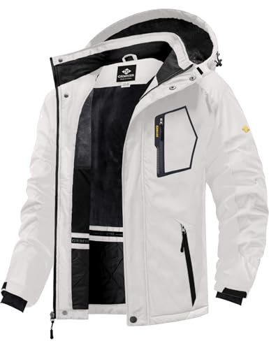 GEMYSE Herren wasserdichte Skijacke Winddichte Fleece Outdoor-Winterjacke mit Kapuze (Weiß 02,M)