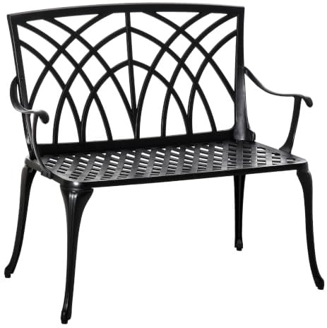 Outsunny 2-Seater Cast Aluminium Garden Bench Chair w/Ergonomic Armrest | Loveseat, Outdoor Furniture, Decorative Backrest, for Patio Terrace Porch