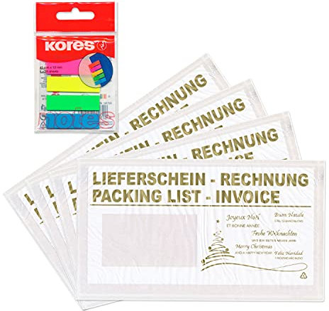 WPTrading - 1.000 x Lieferscheintaschen 225 x 120 mm in DIN-LANG Weiß Weihnachten inkl. 125 Page-Marker in 5 Farben - Dokumenten-Taschen selbstklebend, lang - Begleitpapiertaschen für Versand