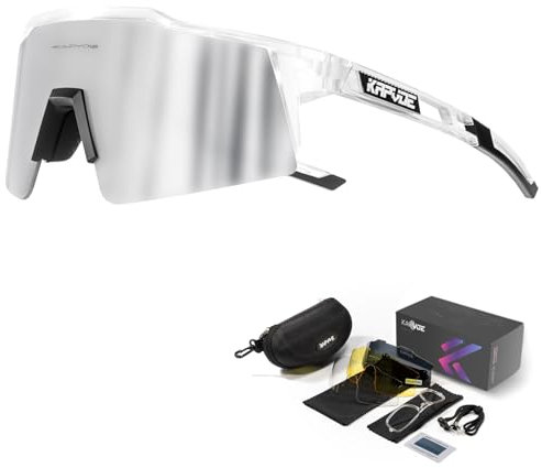 KAPVOE Polarisiert Fahrradbrille mit 4 wechselgläser TR90 Rahmen für Herren Damen Sport Radfahren MTB Sportsonnenbrille Radbrille Sportbrille Fahren Angeln Baseball Laufen 13 Silber klar