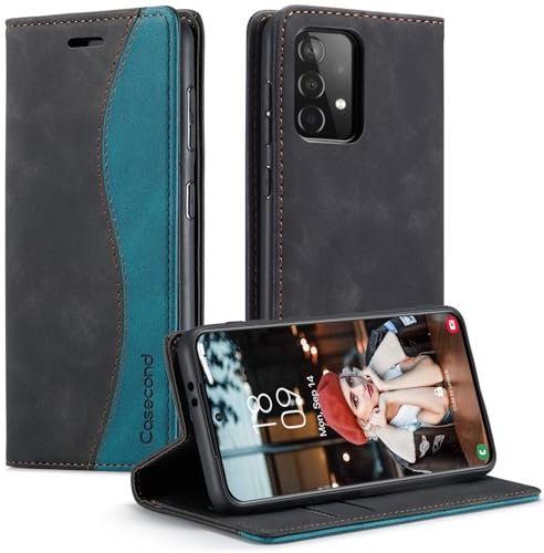 Casecond Coque pour Samsung Galaxy A52 4G/5G/A52S 5G Housse en Cuir avec Magnetique Etui RFID Blocage Protection Pochette Porte Cartes Portefeuille Mince Wallet Case Femmes Hommes - Noir et Sarcelle